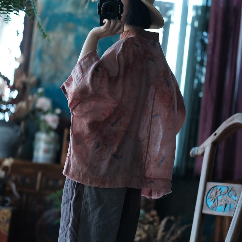Pink Floral Ramie Blouse, Frog Button Chinese Style Linen Top, Loose Boho Shirt image 6