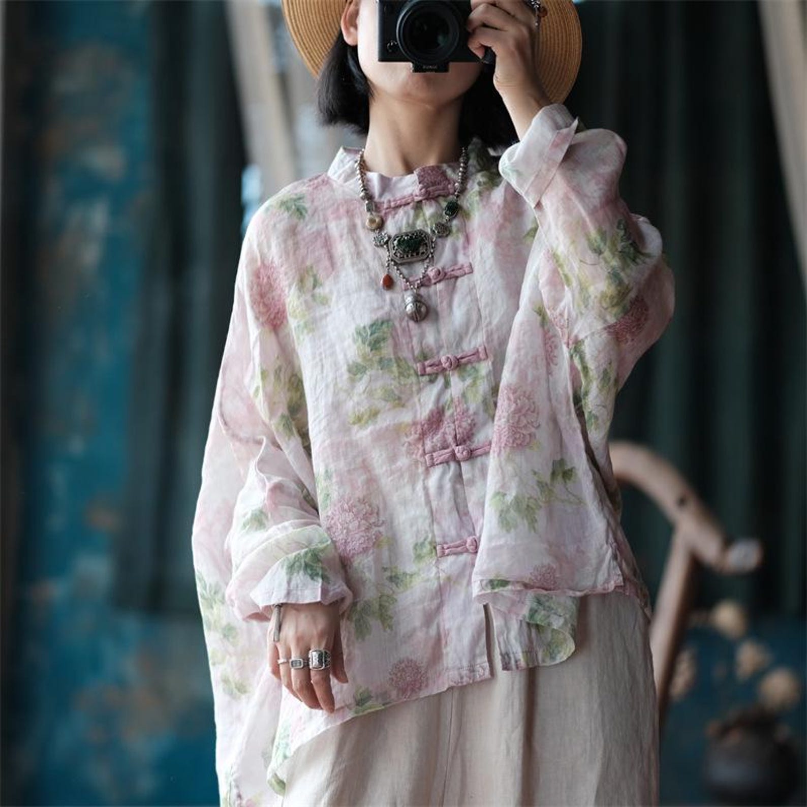 Handcrafted Ramie Floral Tunic Chinese Ethnic Loose Fit Top With ...