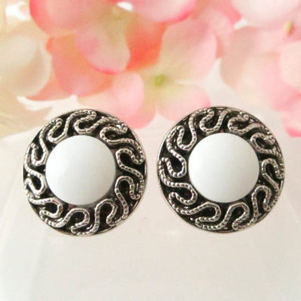 Vintage Button Earrings, Silver/White Textured Stud earrings, Post, Studs, Clip on, Retro Earrings, Bridesmaid Jewelry, Gift for Her