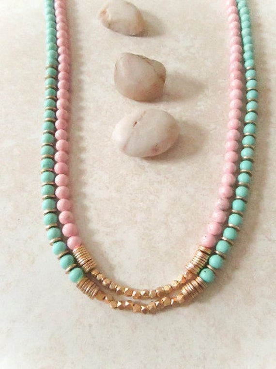 Pink Fossil Bead Statement Vintage Necklace, Gold… - image 3