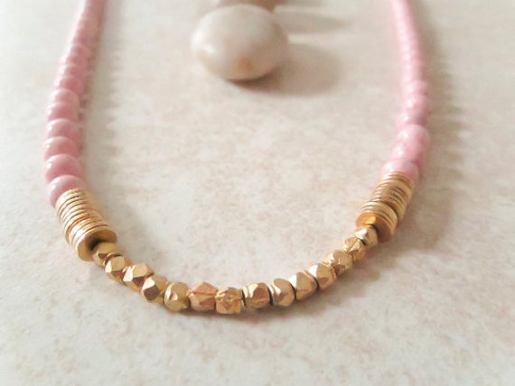 Pink Fossil Bead Statement Vintage Necklace, Gold… - image 2