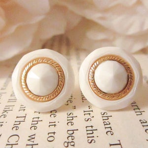 Vintage gold and white gem earrings,Vintage Button Earrings, Vintage earrings, Bridesmaid Earrings, gold studs,clip on earrings, Minimal,