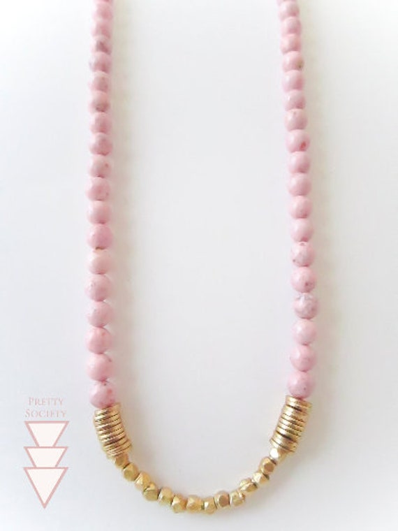 Pink Fossil Bead Statement Vintage Necklace, Gold 