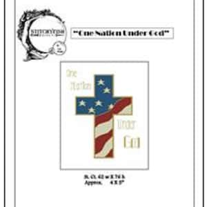 May include: Cross-stitch pattern featuring an American flag in the shape of a cross with the text "One Nation Under God". The pattern is 62 stitches wide and 76 stitches high, and the finished size is approximately 4.25 inches by 5 inches.