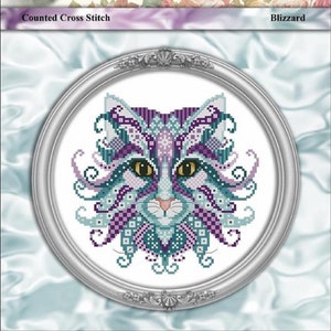 Colorful Cats Blizzard Counted Cross Stitch Pattern by Designer Pam Kellogg Published by Kitty & Me: Cool-Colored Feline