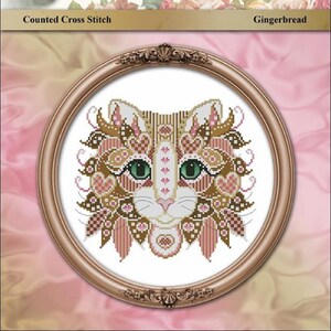 Colorful Cats Gingerbread Counted Cross Stitch Pattern by Designer Pam Kellogg Published by Kitty & Me Designs: Spicy Cookie Kitty