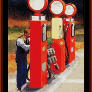May include: A vintage illustration of three red, white, and yellow gas pumps with a man in a white shirt and blue overalls filling a car with gas.