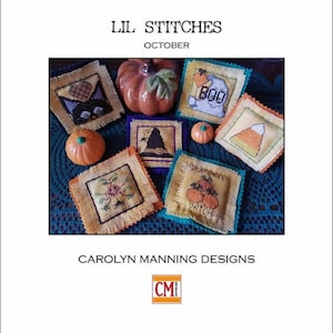 Lil Stitches oktoberräknat korsstygnsmönster designat och publicerat av Carolyn Manning Designs: Godis, Spöke, Svart katt, Spindel