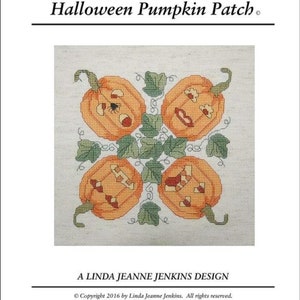 Halloween Pumpkin Patch Counted Cross Stitch Chart Diseñado y publicado por Linda Jeanne Jenkins Design--Holiday Squares Series