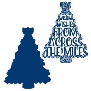 Könnte beinhalten: Zwei blaue Weihnachtsbäume als Ausschnitte. Einer ist eine Vollsilhouette, der andere ein detailliertes Design mit den Worten "Warm Wishes From Across The Miles" und dekorativen Ornamenten. Das Design beinhaltet einen Engel oben.