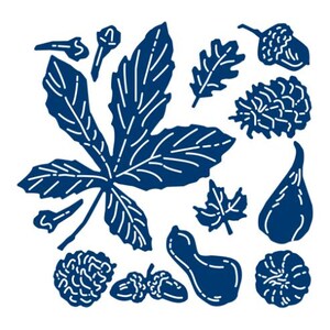 May include: A selection of navy blue and white botanical illustrations, featuring a large leaf, smaller leaves, acorns, pine cones, and other natural elements. The designs are detailed and set against a white backdrop.