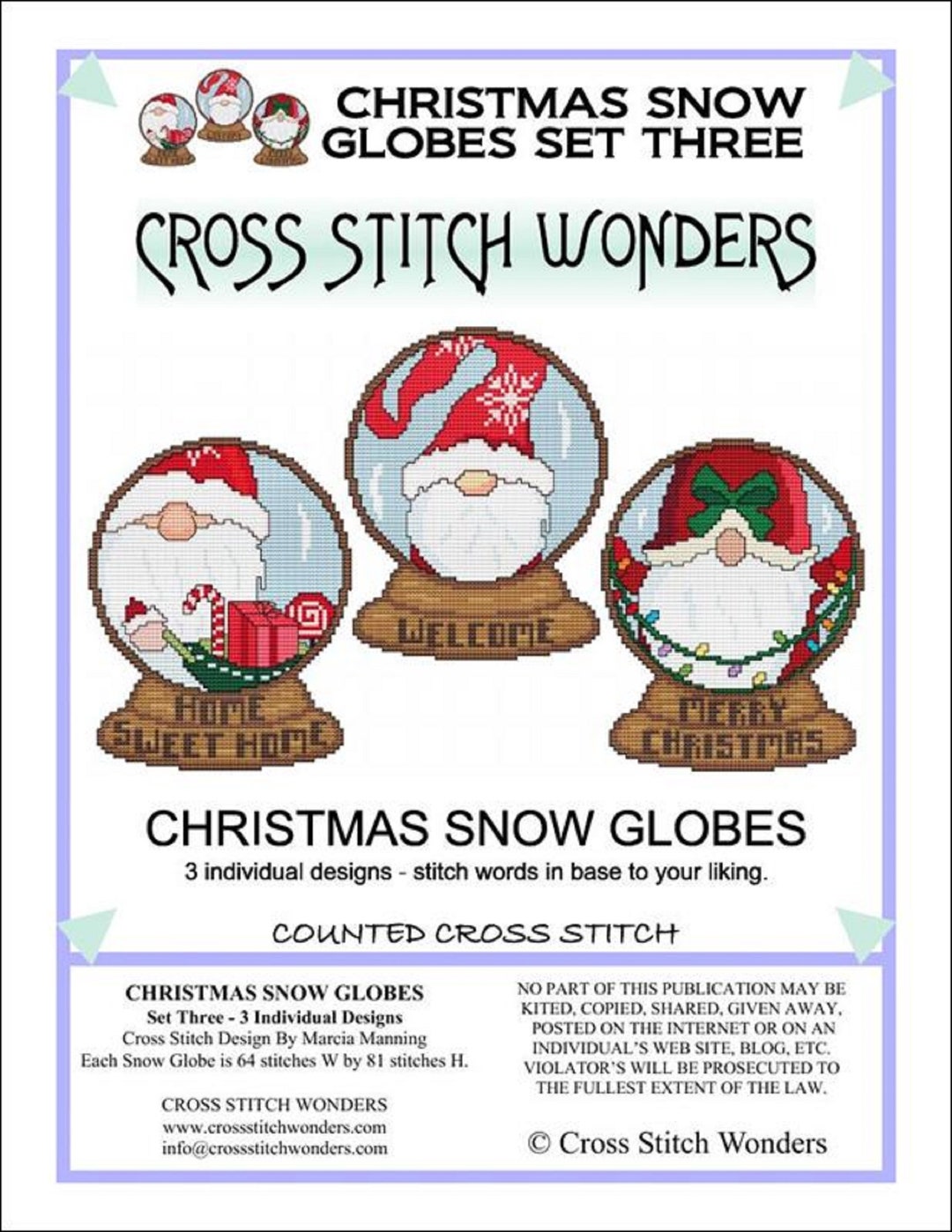 Christmas Snow Globes Set 3 Counted Cross Stitch Patterns Designed by ...