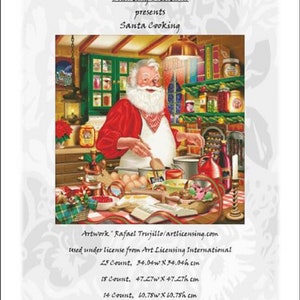 Puede incluir: Un gráfico de punto de cruz titulado "Santa Cooking" de Charting Creations. La imagen muestra a Papá Noel en una cocina, vistiendo un abrigo rojo y un delantal blanco, rodeado de ingredientes y utensilios de cocina. La obra de arte es de Rafael Trujillo.
