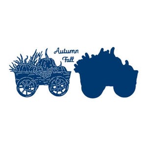 May include: A blue metal die cut of a wagon filled with pumpkins. The wagon has two wheels and the text "Autumn Fall" is above the wagon.