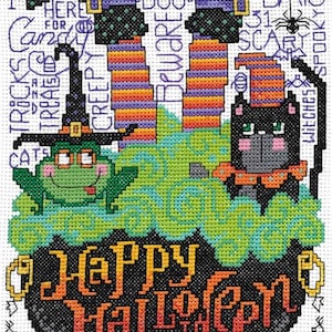 May include: A black cauldron with the words "Happy Halloween" on the front. Two witches with striped stockings and black hats are standing in the cauldron. A green frog and a black cat are also in the cauldron. The background is white with the words "Ghost and Goblin, I'm here for candy, Tricks and Treats, Creepy, Beware, Boo, Bats, 31 Scary, Spooky, Witches" written around the cauldron.