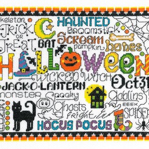 May include: A colorful cross-stitch pattern with the words "Trick or Treat", "Haunted", "Halloween", "Jack-O-Lantern", "Hocus Pocus", and "Oct 31" along with other Halloween-themed words and images.