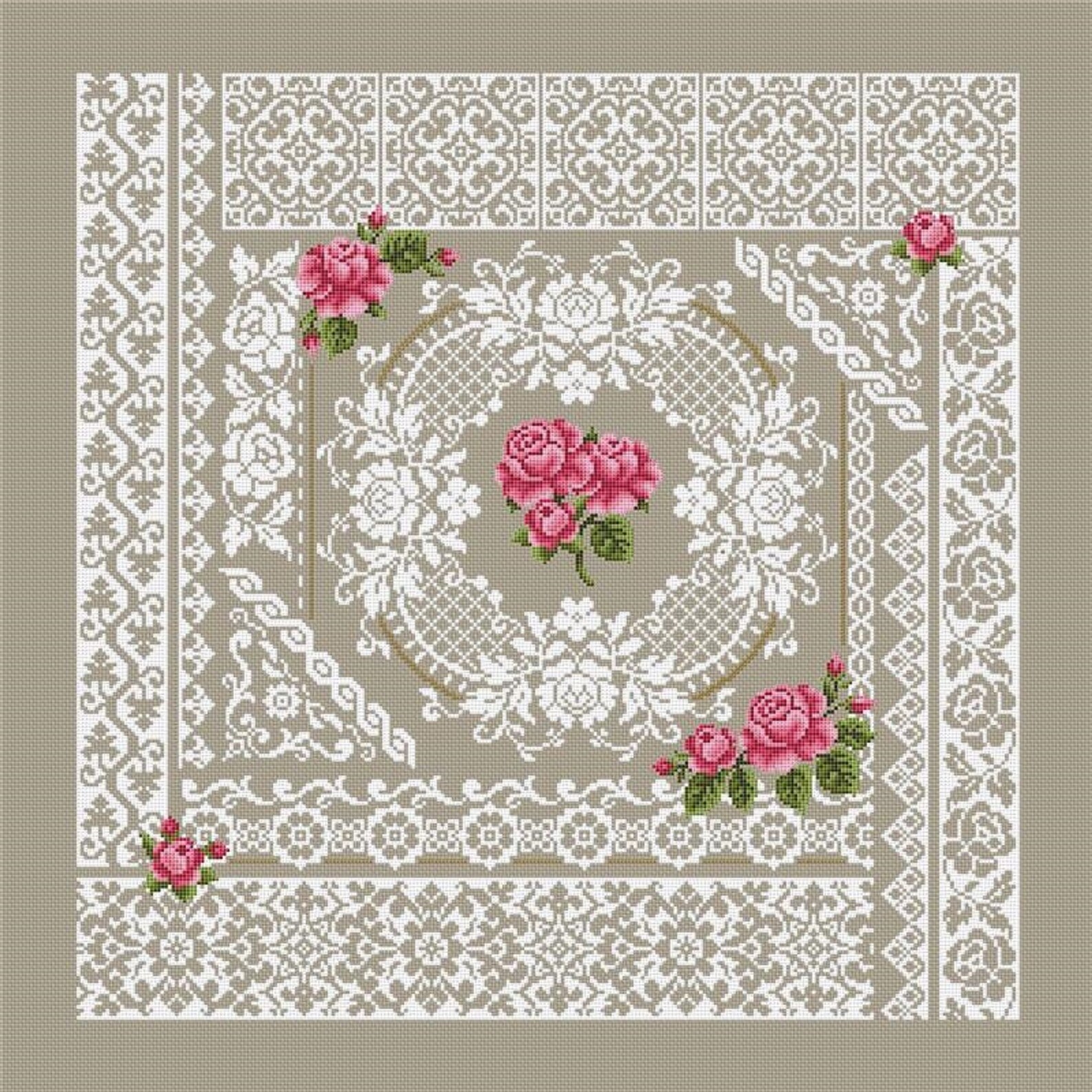 Roses and Lace Counted Cross Stitch Pattern Designed by Etsy