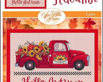 Padrão de ponto cruz Hello Autumn da Sue Hillis Designs: caminhonete vermelha vintage com girassóis e abóboras