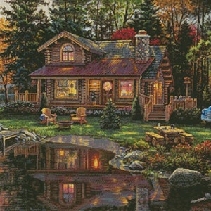 Kreuzstichkarte: Peace River Cabin von Künstlerin Kim Norlien---Das kreuzstich--neu!