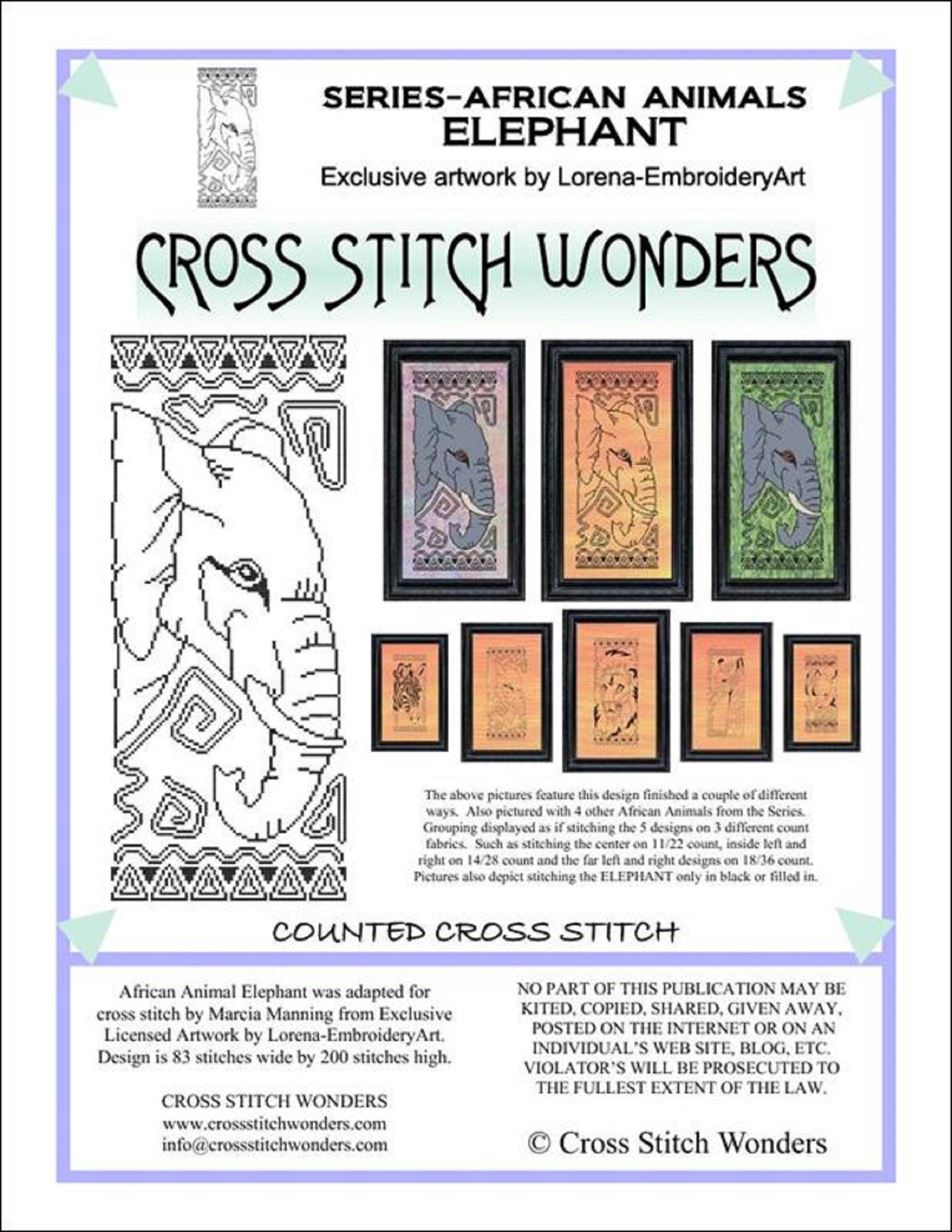 象のクロスステッチパターンアートワーク、Lorena-EmbroideryArt