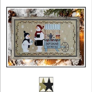 Hot Cacao Season Counted Cross Stitch Pattern Designed by Nursun Kanber Published by TwinPeak Primitives: Snowmen, Hot Cocoa Cart