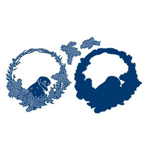 May include: A blue floral wreath with a small rabbit inside. The wreath is surrounded by four smaller blue floral sprigs.