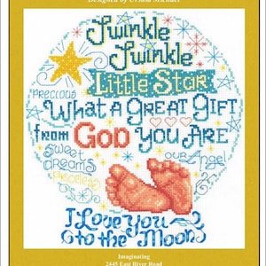 May include: A cross-stitch pattern featuring a baby's footprints with the text "Twinkle Twinkle Little Star What a Great Gift from God You Are I Love You to the Moon".