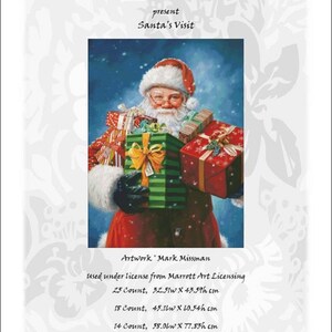 Puede incluir: Un patrón de punto de cruz con Papá Noel sosteniendo una pila de regalos envueltos. El patrón está disponible en tres tamaños: 25 puntos, 18 puntos y 14 puntos. El patrón utiliza 112 colores DMC y mide 320 de ancho por 429 de alto.