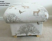 Storage Footstool in Fryetts Tatton Woodland Animals Fabric Pouffe Footstall Beige Deers Foxes Pheasants Nursery Bedroom Lounge Bespoke New