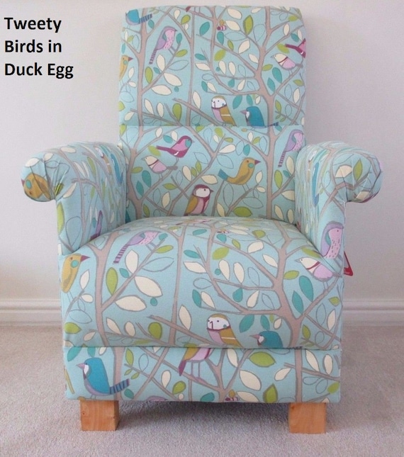 Tweety Birds Fabric Adult Chair Armchair Duck Egg Nursery Nursing Occasional Bedroom Bespoke Lilac Blue Green