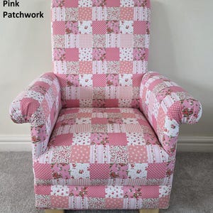May include: Pink patchwork armchair with a high back and rolled arms. The chair is upholstered in a patchwork fabric with various pink and white floral, polka dot, and gingham patterns. The text "Pink Patchwork" is visible on the left side.