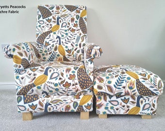 Fryetts Peacocks Fabric Adult Armchair & Footstool: Accent Chair Ochre Green Purple