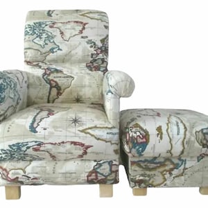 Prestigious Atlas Antique Cream Fabric Adult Chair & Footstool Armchair Pouffe Footstall Small Accent World Map Countries Globe Nursery New