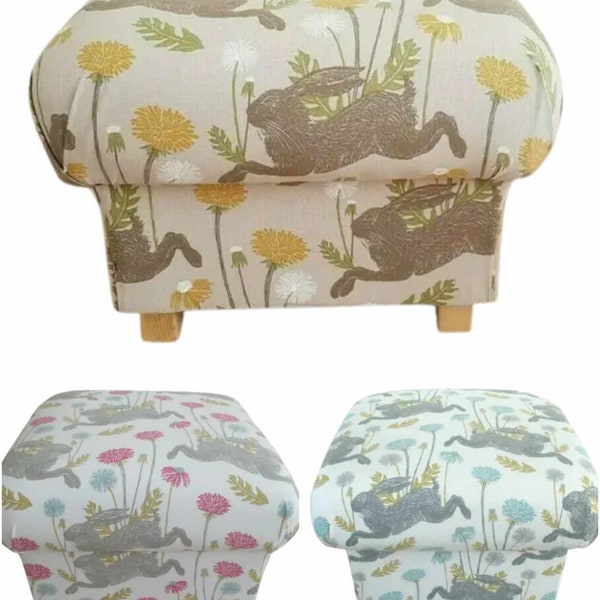 Clarke & Clarke March Hares Linen Fabric Footstool Footstall Pouffe Playroom Rabbits Animals Ochre Mustard Natural Flowers Summer Pink Blue