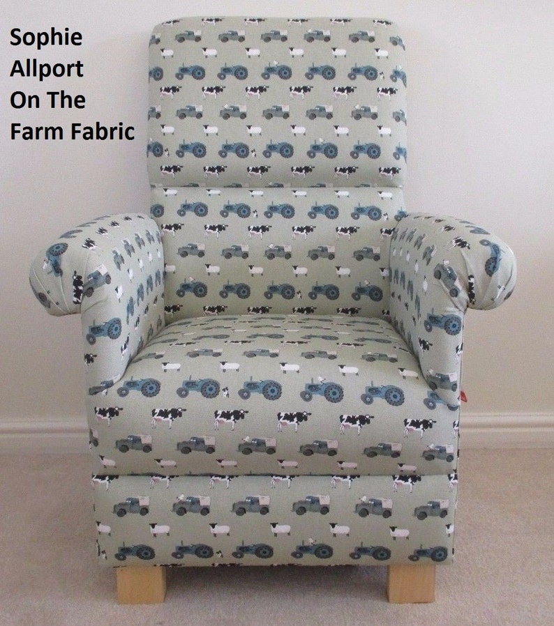 Sophie Allport On The Farm Fabric Adult Chair Armchair Nursery Green Animals Sheep Cows Tractors Occasional Bespoke