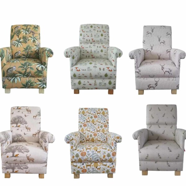 Adult Armchairs Chairs Fryetts Stag Fabric Beige Animals Woodland Monkeys Ochre Glencoe Hares Nursery Accent Small Nursing Statement Grey