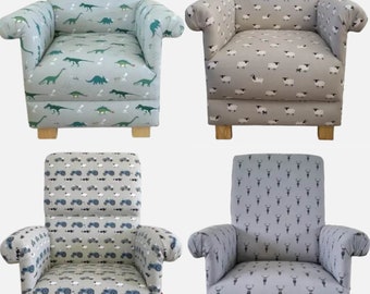 Sophie Allport Fabric Adult Chairs Armchairs Highland Stags Grey Accent Dinosaurs Animals Pugs Dogs Statement Small Nursery Bedroom Nursing