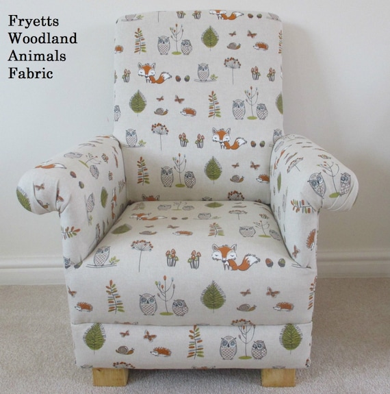 Fryetts Woodland Animals Fabric Child Chair Kids Armchair Owl Fox Beige Handcrafted Nursery Bedroom Playroom British Made New Fryetts Woodland Animals Fabric Child Chair Kids Armchair Owl Fox Beige Handcrafted Nursery Bedroom Playroom British Made New