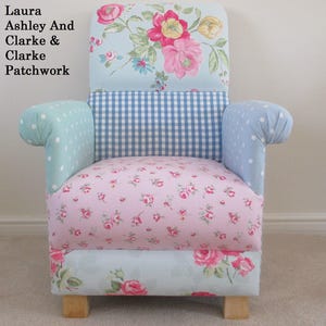 Handcrafted Adult Patchwork Armchair Laura Ashley Fabrics Pink Grey Floral Chairs Small Accent Nursery Bedroom Floral Roses Gingham Blue