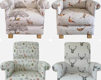 Adult Armchairs in Fryetts Fabrics Pheasants Stags Glencoe Tatton Woodland Animals Safari March Hare Small Accent Nursery Ochre Bedroom New