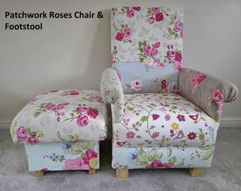 Patchwork Fabric Adult Chair & Footstool Floral Accent Armchair Pink Green Handcrafted Statement Roses