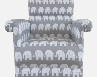 Grey Elephants Adult Chair Nursery White Bedroom Armchair White Handcrafted Bespoke Animals Retro Accent Statement Small Living Room Study