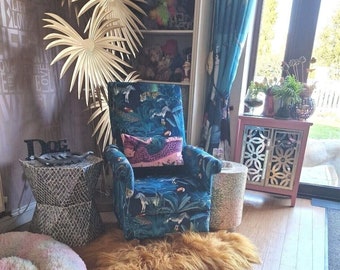 Adult Armchair Handcrafted Velvet Jungle Navy Blue Pink Botanical Animal Print Accent Chair