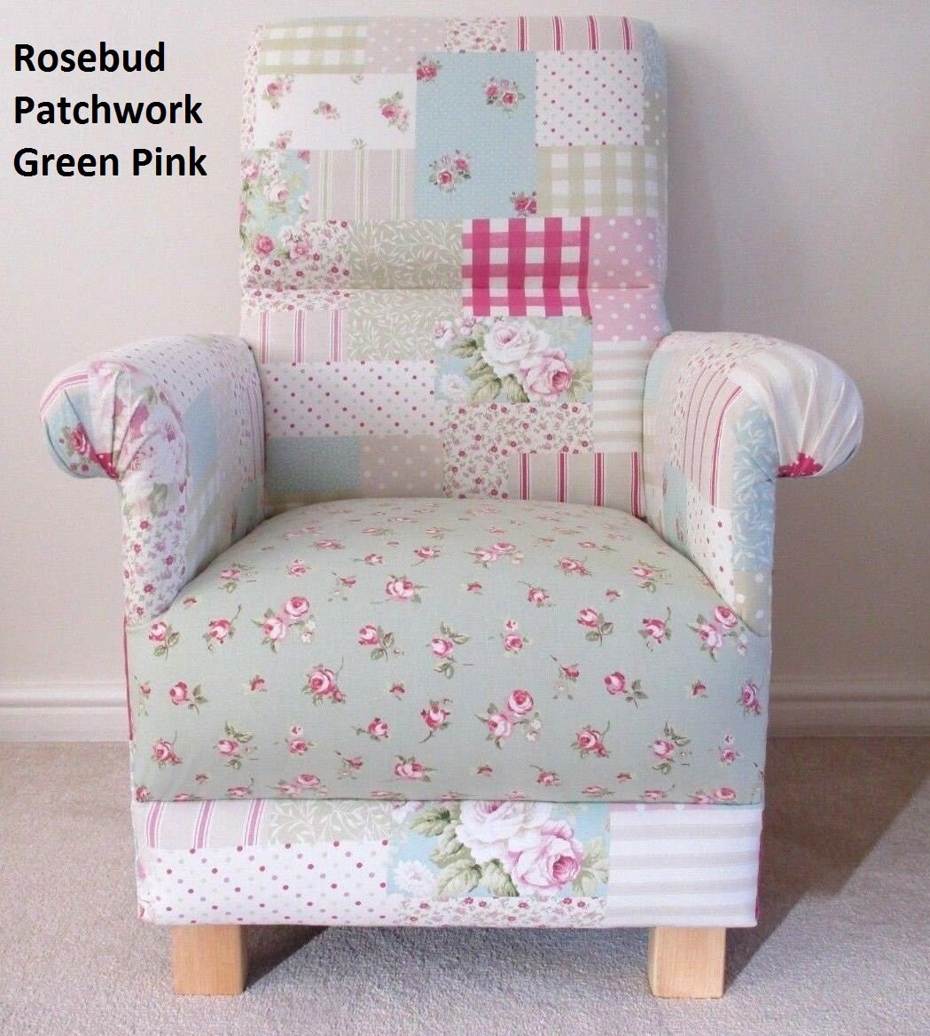Rosebud Patchwork Fabric Adult Chair Armchair Sage Green Pink