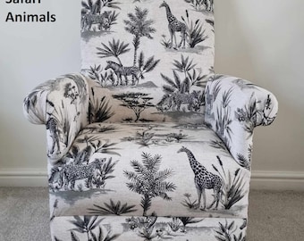 Safari Animals Fabric Adult Armchair: Handmade Nursery Accent Chair Blue Beige
