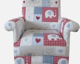 Fryetts Bobo Blue Fabric Child's Chair Elephants Red Gingham Patchwork Nursery earts Kids Armchair Handmade British Bespoke Animals