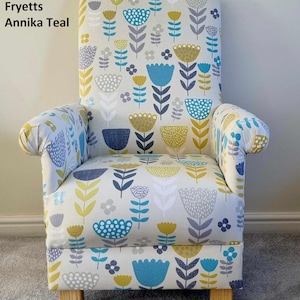 Fryetts Annika Retro Floral Fabric Adult Chair Flowers Blue Pink Ochre Teal Accent Armchair Bedroom Lounge Nursery