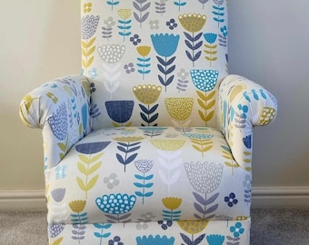 Fryetts Annika Floral Adult Armchair: Retro Accent Chair, Blue Pink Teal Flowers Small Bedroom