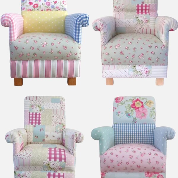 Patchwork Fabric Adult Chairs Armchairs Accent Pink Blue Grey Mustard Floral Small Lilac Mauve Ochre Bedroom Nursery Statement Kitchen New