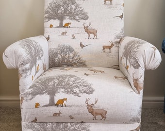 Fryetts Woodland Animals Fabric Children&#39;s Chair Kids Armchair Owl Fox Beige Nursery Bedroom Jade Green Ochre Burnt Orange Girls Boys Seat